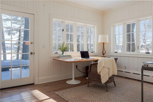 196 Wellington Ln, Springfield, NY 13326 - home office featuring a baseboard radiator, wood finished floors, crown molding, and plenty of natural light