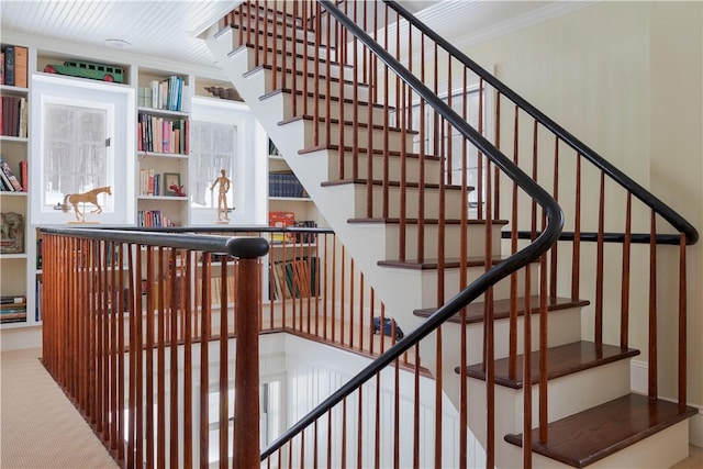 196 Wellington Ln, Springfield, NY 13326 - staircase with ornamental molding and carpet flooring