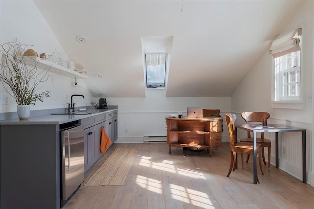 196 Wellington Ln, Springfield, NY 13326 - kitchen featuring baseboard heating, fridge, light wood-style flooring, open shelves, and light countertops