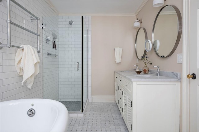 196 Wellington Ln, Springfield, NY 13326 - full bath featuring a shower stall, ornamental molding, a soaking tub, and double vanity