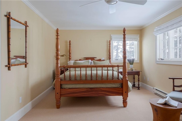 196 Wellington Ln, Springfield, NY 13326 - bedroom featuring carpet flooring, a baseboard radiator, crown molding, and ceiling fan