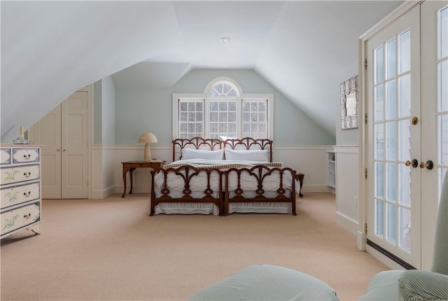 196 Wellington Ln, Springfield, NY 13326 - bedroom with carpet flooring, vaulted ceiling, and wainscoting