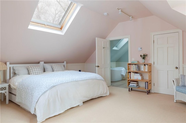 196 Wellington Ln, Springfield, NY 13326 - bedroom with lofted ceiling, a skylight, light colored carpet, and track lighting