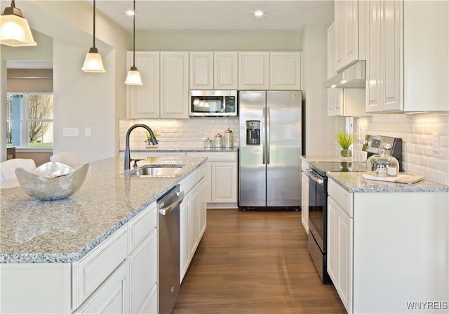 kitchen featuring dark wood-type flooring, a sink, under cabinet range hood, stainless steel appliances, and white cabinets