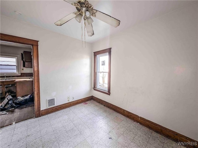 2000 La Salle Ave, Niagara Falls, NY 14301 - spare room featuring visible vents, baseboards, tile patterned floors, a ceiling fan, and a sink