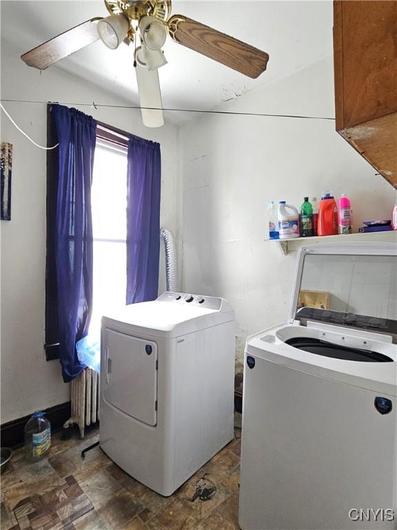 406 S George St, Rome-Inside, NY 13440 - laundry room featuring laundry area, washing machine and dryer, and ceiling fan