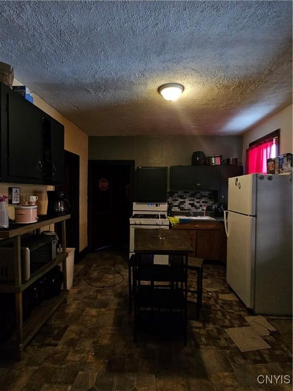 406 S George St, Rome-Inside, NY 13440 - kitchen featuring a sink, white appliances, a textured ceiling, and dark cabinetry