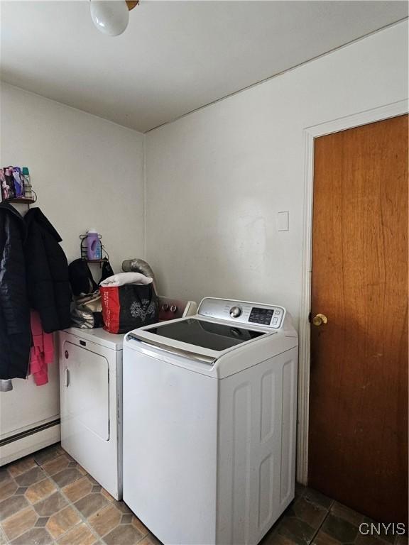 406 S George St, Rome-Inside, NY 13440 - laundry room featuring washing machine and clothes dryer, laundry area, stone finish floor, and a baseboard heating unit
