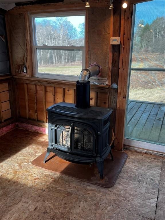 interior details with a wood stove