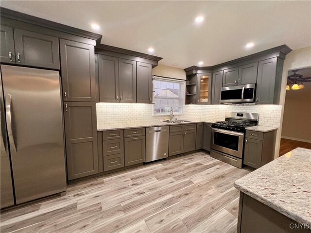 5499 Ravensthorpe, Clay, NY 13041 - kitchen featuring appliances with stainless steel finishes, a sink, light wood-style floors, light stone countertops, and tasteful backsplash