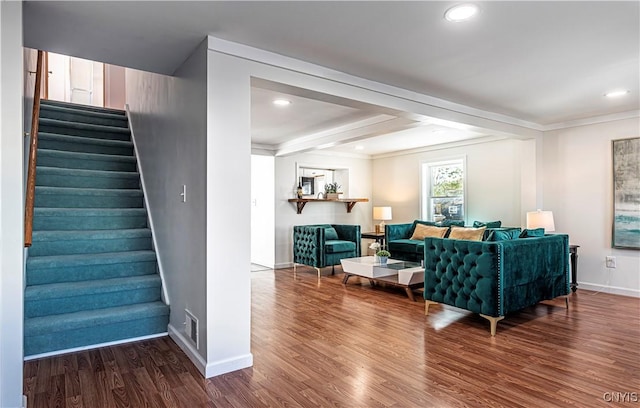 806 Clifford Ave, Vienna, NY 13157 - living room with wood finished floors, baseboards, beam ceiling, recessed lighting, and stairs