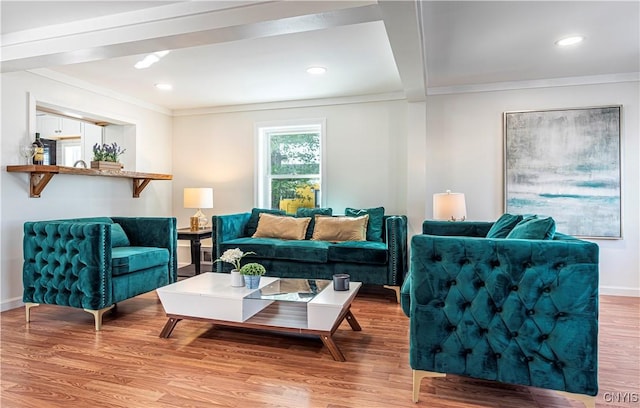 806 Clifford Ave, Vienna, NY 13157 - living area featuring beamed ceiling, baseboards, wood finished floors, and ornamental molding