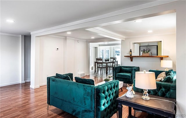 806 Clifford Ave, Vienna, NY 13157 - living room featuring recessed lighting, beamed ceiling, baseboards, and wood finished floors