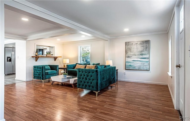 806 Clifford Ave, Vienna, NY 13157 - living room with beam ceiling, recessed lighting, baseboards, and wood finished floors