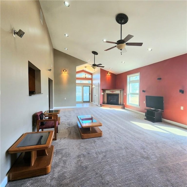919 W Broad St, Horseheads, NY 14845 - living room featuring a ceiling fan, visible vents, carpet floors, and baseboards