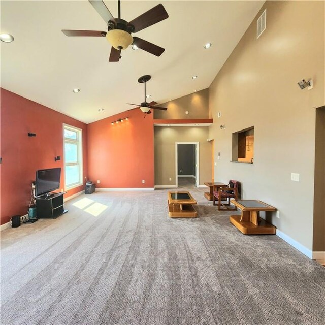 919 W Broad St, Horseheads, NY 14845 - living area featuring baseboards, visible vents, ceiling fan, and carpet