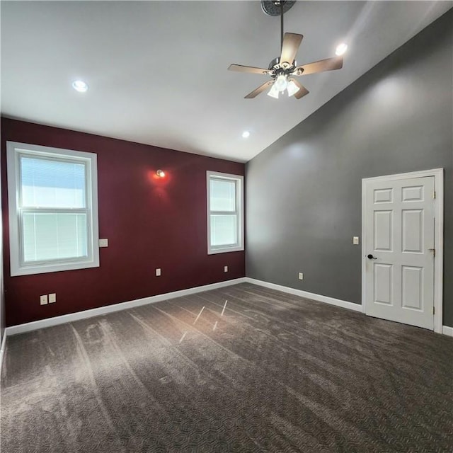 919 W Broad St, Horseheads, NY 14845 - carpeted empty room with baseboards, recessed lighting, ceiling fan, and high vaulted ceiling