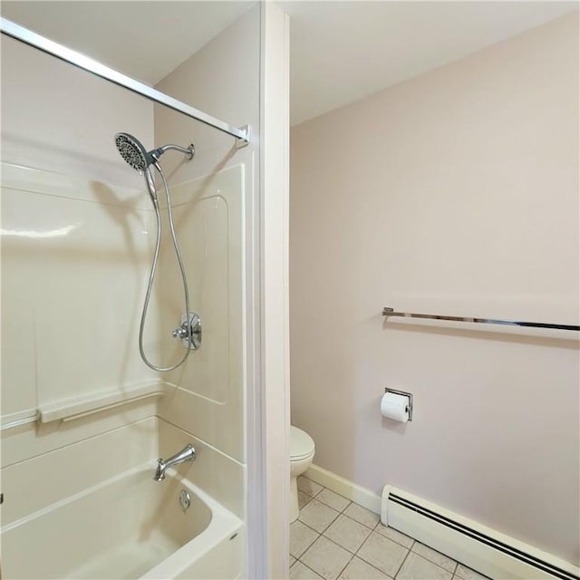 919 W Broad St, Horseheads, NY 14845 - bathroom featuring a baseboard radiator, tile patterned floors, toilet, baseboards, and washtub / shower combination