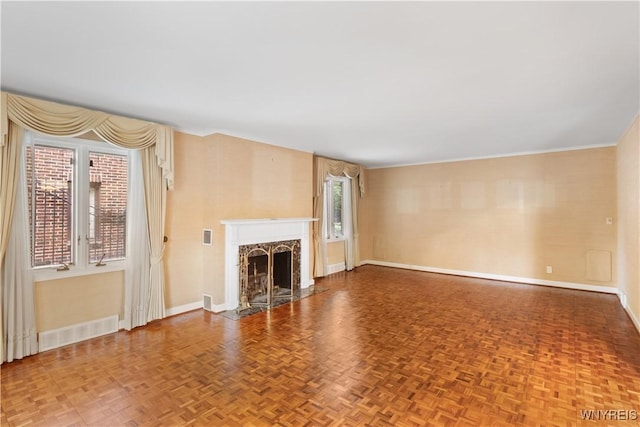 67 Nottingham Ter, Buffalo, NY 14216 - unfurnished living room featuring baseboards and a premium fireplace