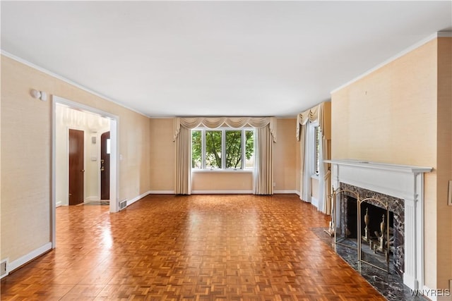 67 Nottingham Ter, Buffalo, NY 14216 - unfurnished living room featuring a premium fireplace, baseboards, and crown molding
