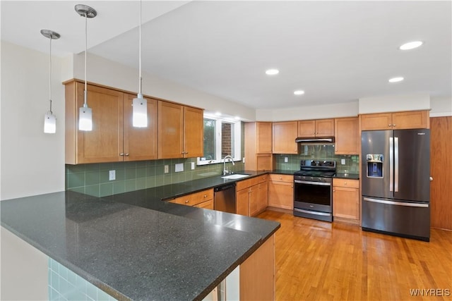 67 Nottingham Ter, Buffalo, NY 14216 - kitchen featuring stainless steel appliances, under cabinet range hood, a sink, a peninsula, and light wood-style floors