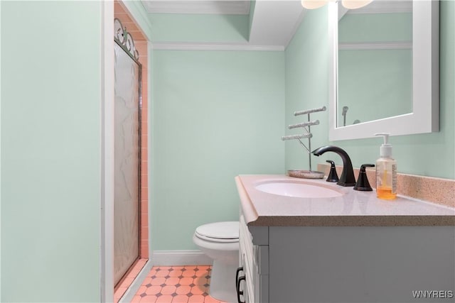 67 Nottingham Ter, Buffalo, NY 14216 - bathroom featuring toilet, crown molding, vanity, baseboards, and a shower
