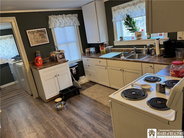 48 Thayer St, Jamestown, NY 14701 - kitchen featuring white electric range, dark wood-style floors, white cabinets, and a sink