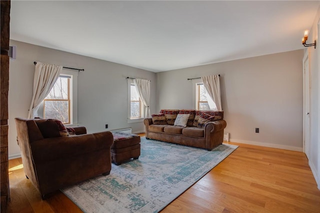 living area featuring a wealth of natural light, baseboards, and wood finished floors