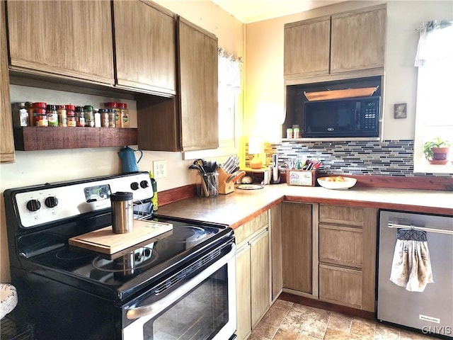 kitchen featuring decorative backsplash, stainless steel appliances, light countertops, and open shelves