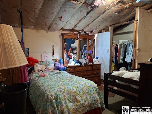 6098 Shady Ln, Lyndon, NY 14737 - bedroom featuring a closet, carpet floors, and lofted ceiling