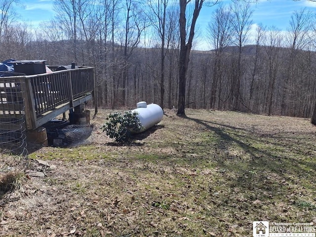 6098 Shady Ln, Lyndon, NY 14737 - view of yard with a wooded view and a wooden deck