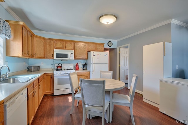 42913 County Route 100, Orleans, NY 13640 - kitchen featuring dark wood-style flooring, a sink, crown molding, and white appliances