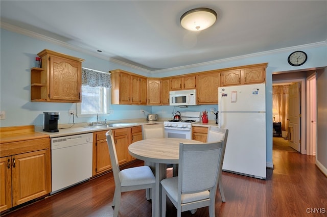 42913 County Route 100, Orleans, NY 13640 - kitchen featuring light countertops, crown molding, white appliances, dark wood-type flooring, and a sink
