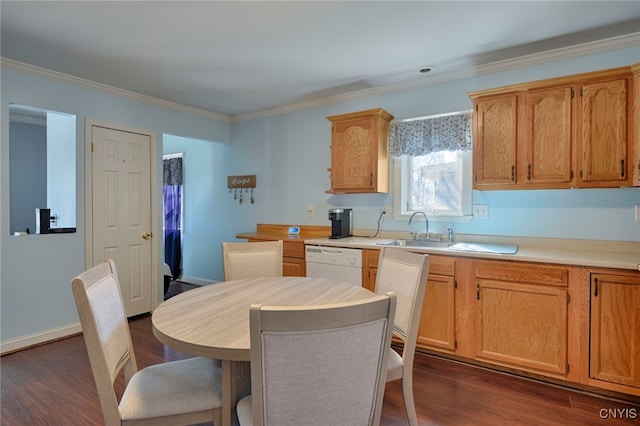 42913 County Route 100, Orleans, NY 13640 - kitchen featuring white dishwasher, ornamental molding, a sink, and dark wood-type flooring
