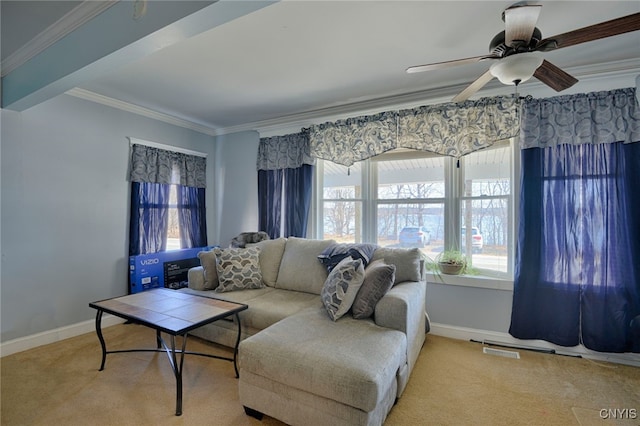 42913 County Route 100, Orleans, NY 13640 - carpeted living area featuring a wealth of natural light, ceiling fan, ornamental molding, and baseboards