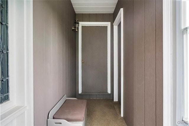 hall with carpet floors and wooden walls