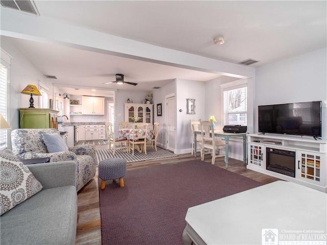 living area with visible vents, a ceiling fan, and wood finished floors
