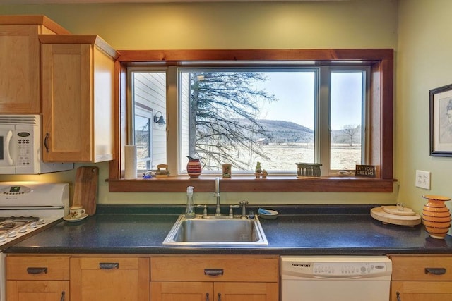 kitchen featuring a sink, plenty of natural light, dark countertops, and white appliances