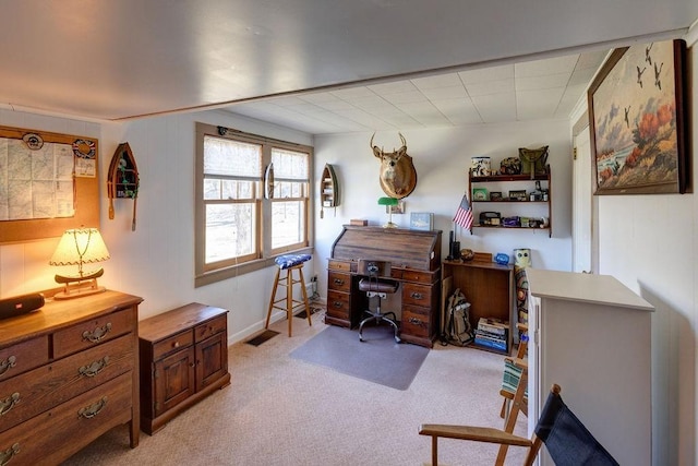 home office featuring light colored carpet and visible vents