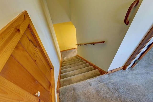 stairway featuring baseboards and carpet