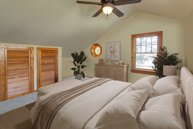 272 Arbor Hill Rd, Delhi, NY 13753 - bedroom featuring vaulted ceiling, a ceiling fan, multiple closets, and carpet