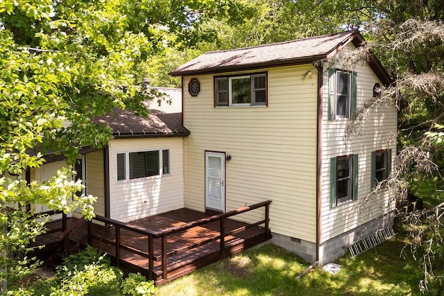 272 Arbor Hill Rd, Delhi, NY 13753 - back of house featuring a shingled roof, a deck, and crawl space