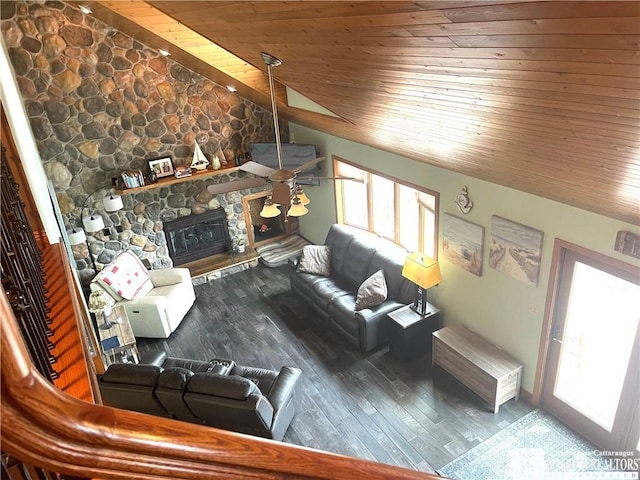 unfurnished living room with lofted ceiling, wood finished floors, and wood ceiling
