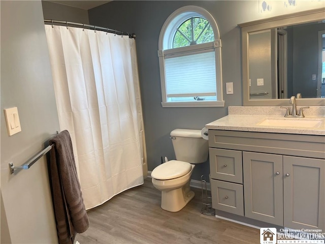 bathroom featuring baseboards, wood finished floors, toilet, and vanity