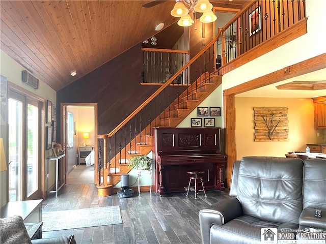living area featuring high vaulted ceiling, wooden ceiling, stairway, a ceiling fan, and wood finished floors