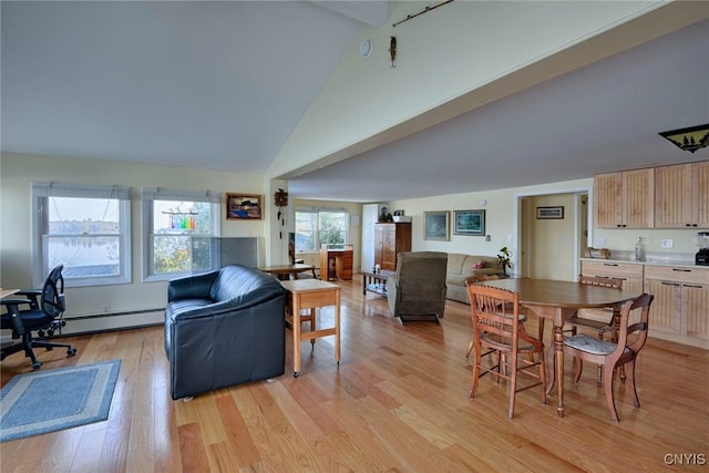 21093 Cliff Ave, Alexandria, NY 13607 - dining room featuring light wood-type flooring, high vaulted ceiling, and a baseboard radiator