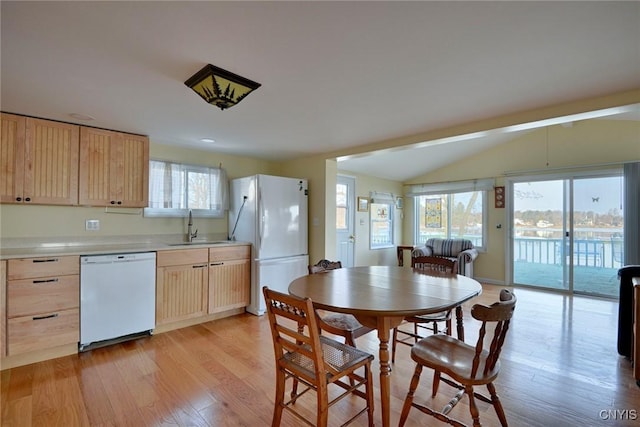 21093 Cliff Ave, Alexandria, NY 13607 - kitchen with light brown cabinets, light countertops, light wood-style flooring, white appliances, and a sink