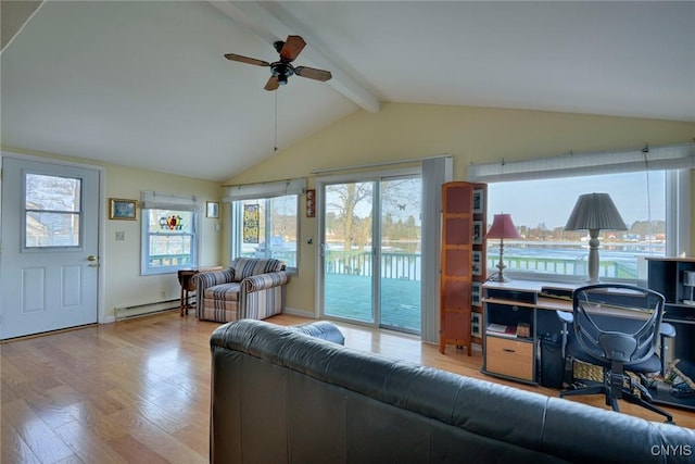 21093 Cliff Ave, Alexandria, NY 13607 - living room featuring vaulted ceiling with beams, a baseboard heating unit, a ceiling fan, and wood finished floors