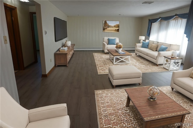 480 Lakeview Ave, Orchard Park, NY 14127 - living area featuring a baseboard heating unit, wood finished floors, and baseboards