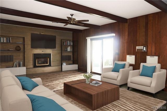 480 Lakeview Ave, Orchard Park, NY 14127 - living room featuring wooden walls, beamed ceiling, a ceiling fan, and a large fireplace